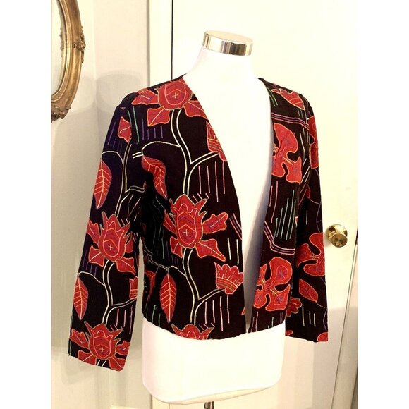 Women’s M Black Red Floral Jacket Embroidered Open Front Art to Wear Black boho - Picture 4 of 13